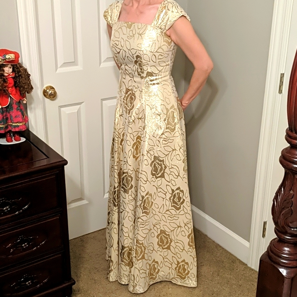 Custom made Gold ball gown with tulle shawl